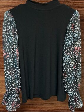 CeCe Black Mock Neck Top with Floral Sheer Balloon Sleeves